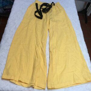 Baltic Bloom Womens Medium High Rise Drawstring Linen Wide Leg Pants Yellow